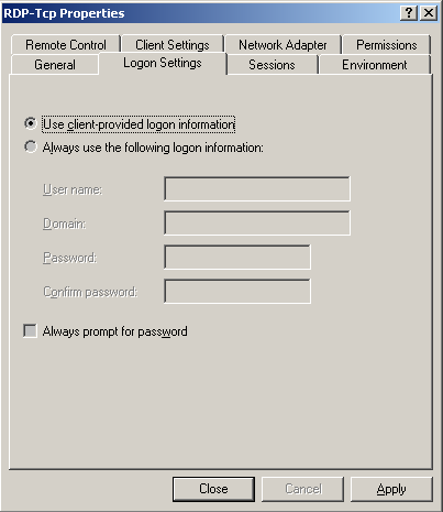 RDP-Tcp Properties, Logon Settings