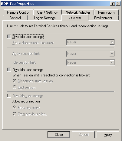 RDP-Tcp Properties, Sessions