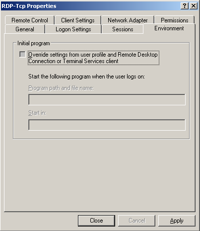RDP-Tcp Properties, Environment