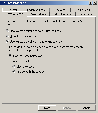 RDP-Tcp Properties, Remote Control