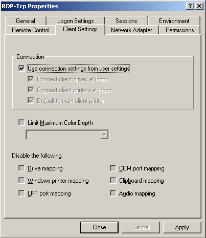 RDP-Tcp Properties, Client Settings