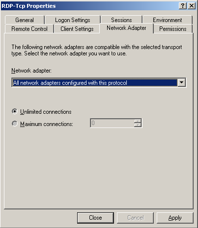 RDP-Tcp Properties, Network Adapter
